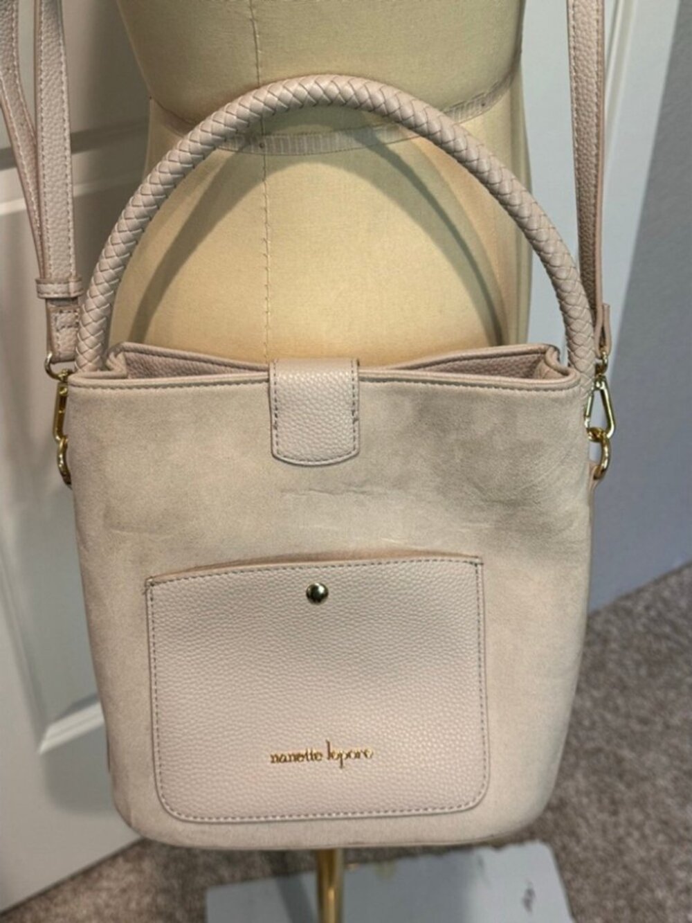 Women's Nanette Lepore Crossbody Bag Faux Suede/Leather Taupe Beige LNC
